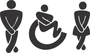 a black stick figure male, female, and person in wheelchair crossing legs due to suffering from urinary incontinence