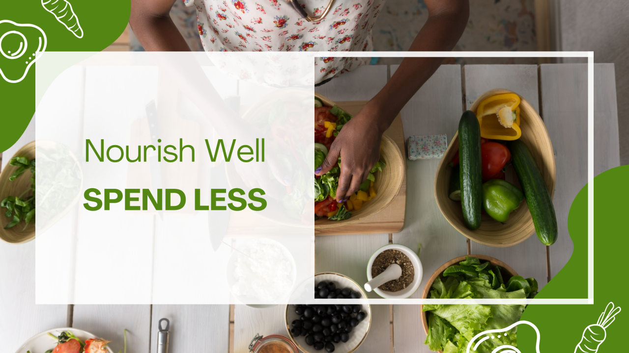 Hands preparing a colorful vegetable salad on a kitchen table, surrounded by fresh budget-friendly ingredients.