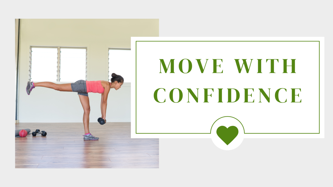 Person balancing in a single-leg deadlift with a dumbbell in a bright studio, with overlay text: “Move With Confidence.”
