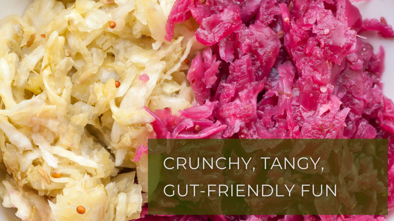 Close-up photo of traditional and red sauerkraut with overlay text reading "Learn, Support Your Gut" for a hands-on fermentation and sauerkraut making class led by a gut health doctor in Portland, Oregon.